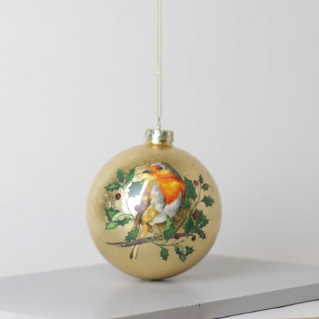 Antique Gold Glass with Robin Hanging Bauble