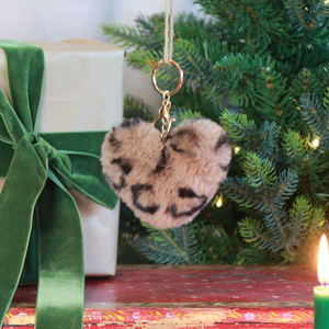 Black Colour Heart Pom Pom Keyhanger in Brown Leopard Print