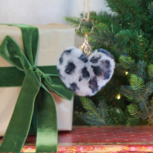 Black Colour Heart Pom Pom Keyhanger in Leopard