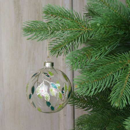 Clear Glass Bauble with Green Glitter Leaves