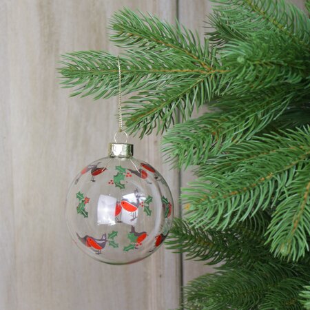 Clear Glass Bauble with Robins and Holly