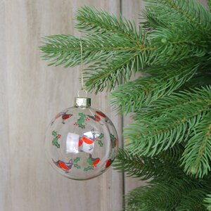 Clear Glass Bauble with Robins and Holly