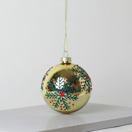 Gold Glass Bauble with Green & Red Snowflakes