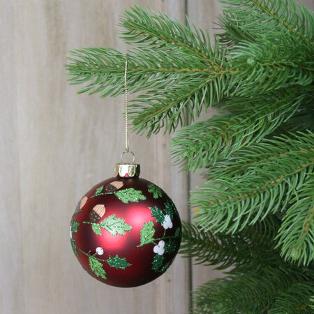 Red Glass Ball with Leaves and White Berries