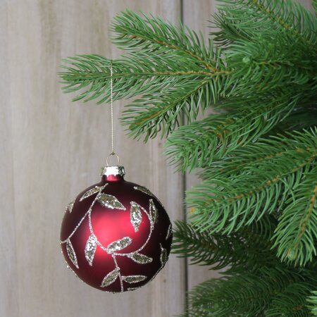 Red Glass Bauble Gold Glitter Leaves