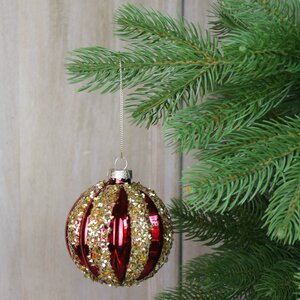 Shiny Red & Gold Glitter Ribbed Glass Bauble