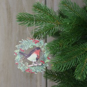 Wooden Robin in Wreath Tree Decoration